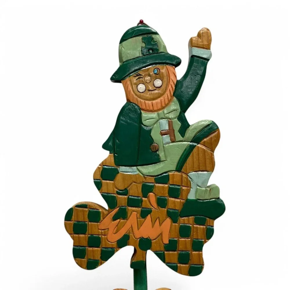 Vintage Handmade Leprechaun &‎ Clover Erin Go Bragh Wooden Sculpture Folk Art